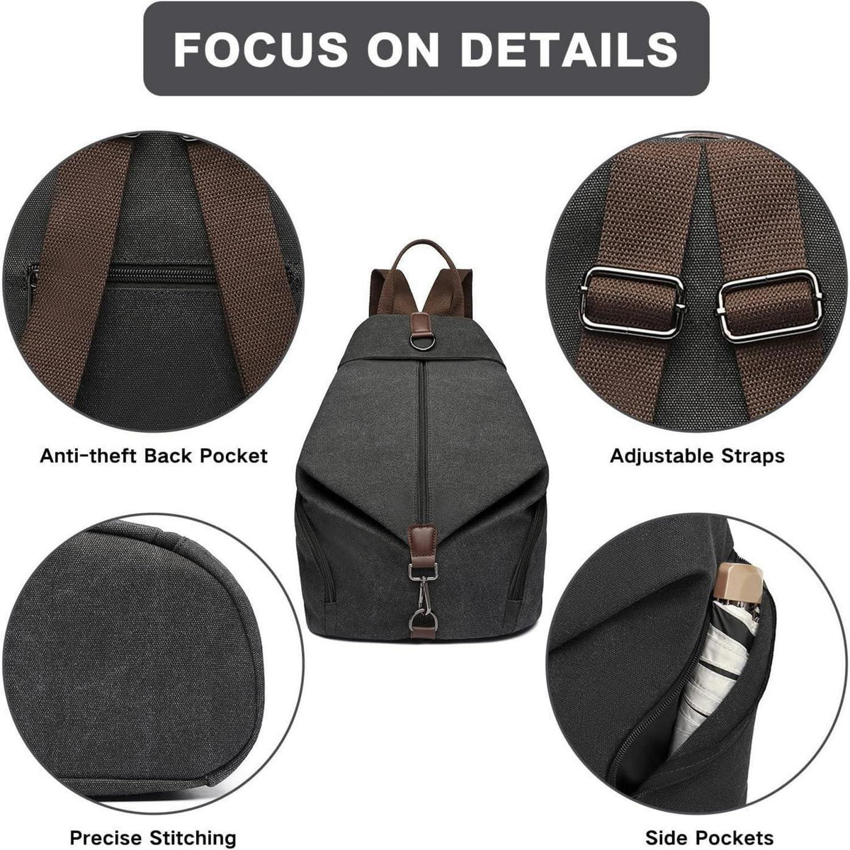 Canvas Rucksack Damen Vintage Daypack mit vielen Fächern, Schwarz