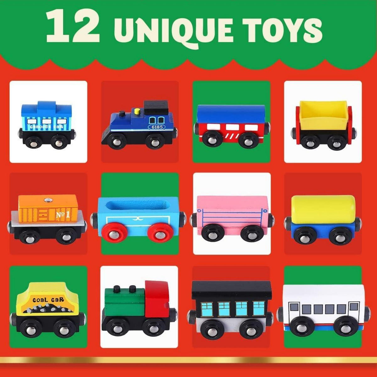 Adventskalender 12-Tage-Countdown mit hölzernen Eisenbahnwaggons