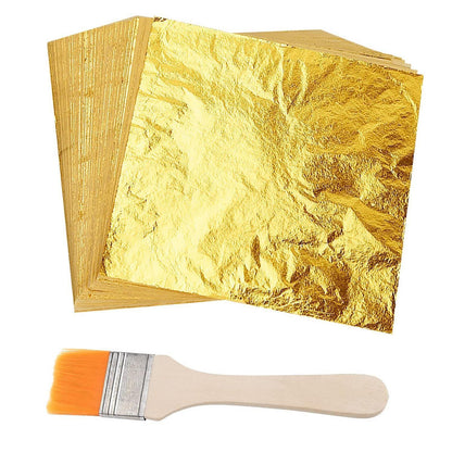 100 Blatt Blattgold Imitat mit Pinsel – Goldflocken für Basteln & Dekoration