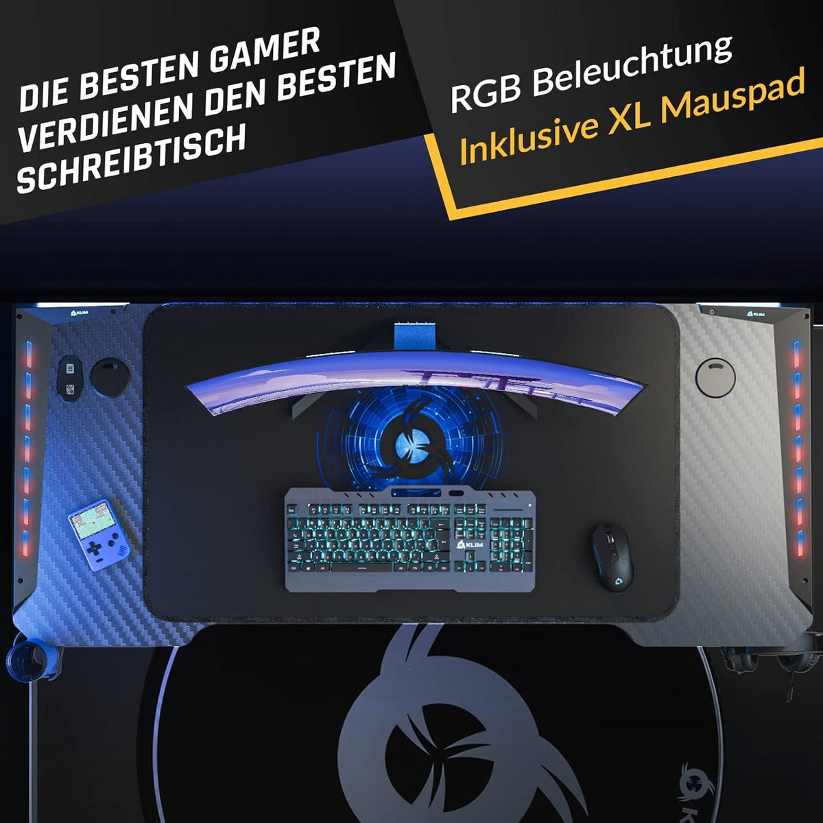 KLIM K140 Gaming Tisch mit LED 140x60cm Kabelmanagement Mauspad Metall Holz