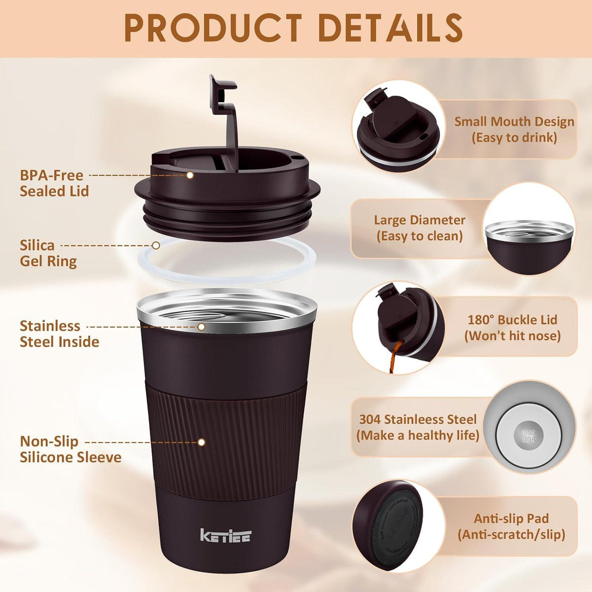 KETIEE Kaffeebecher to go 380ml Thermobecher Doppelwandig