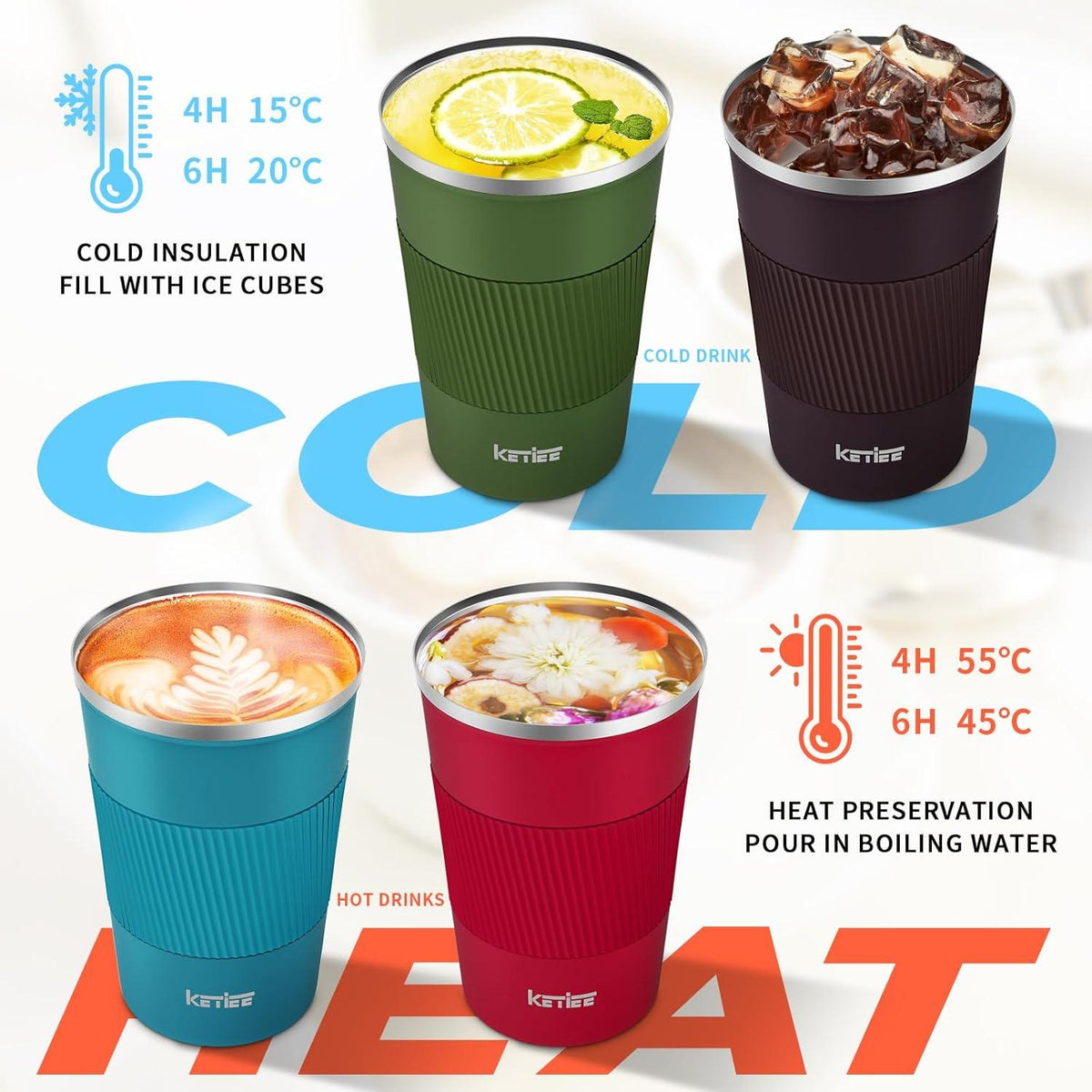 KETIEE Thermobecher to go 380ml Braun Doppelwandig aus Edelstahl