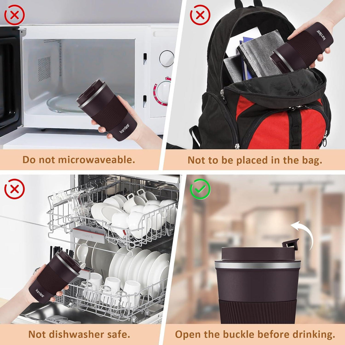 KETIEE Thermobecher to go 380ml Braun Doppelwandig aus Edelstahl