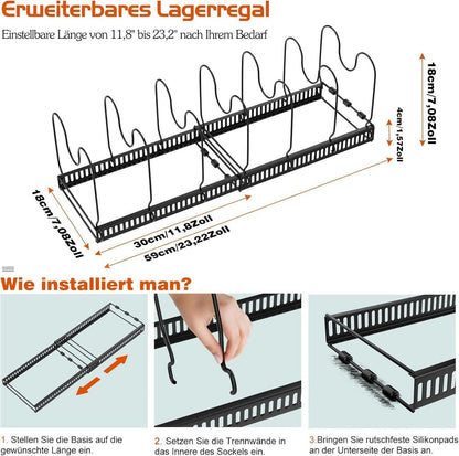 Erweiterbarer Pfannenhalter für Schublade mit 14 Trennwänden in Schwarz