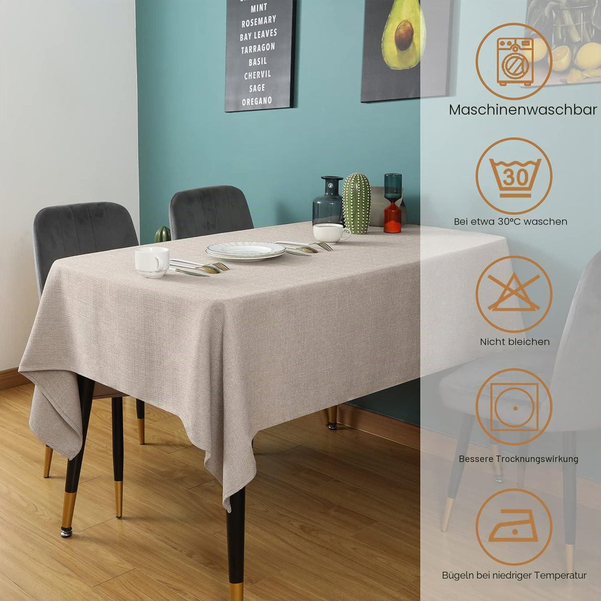 Leinen Tischdecke Beige – 145x300 cm Rechteckig & Abwaschbar
