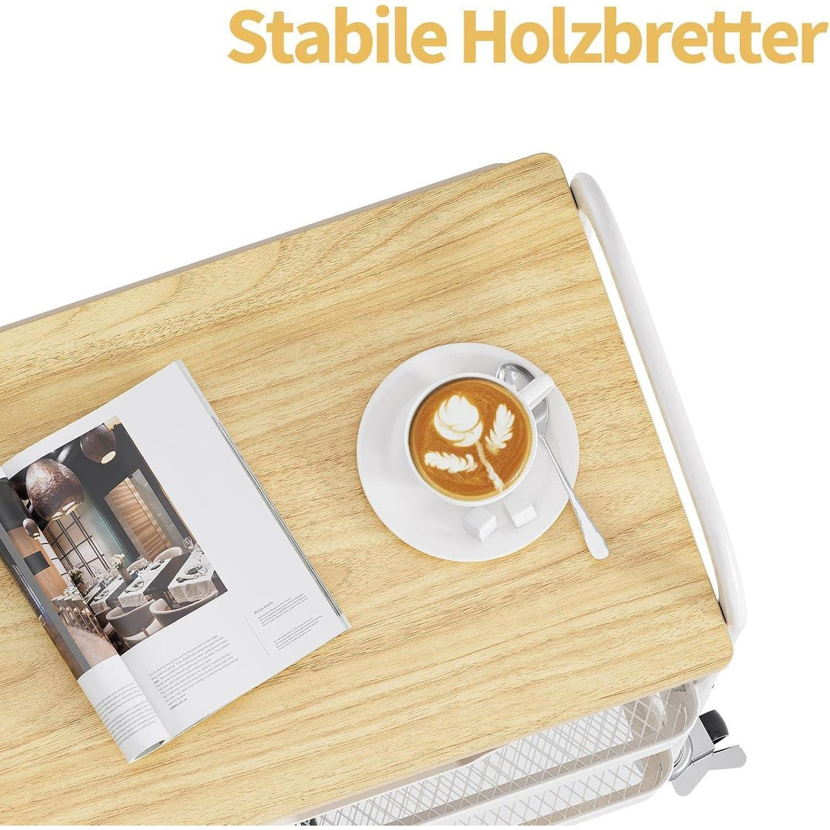 3-Ebenen Rollwagen mit Tischplatte – Creme