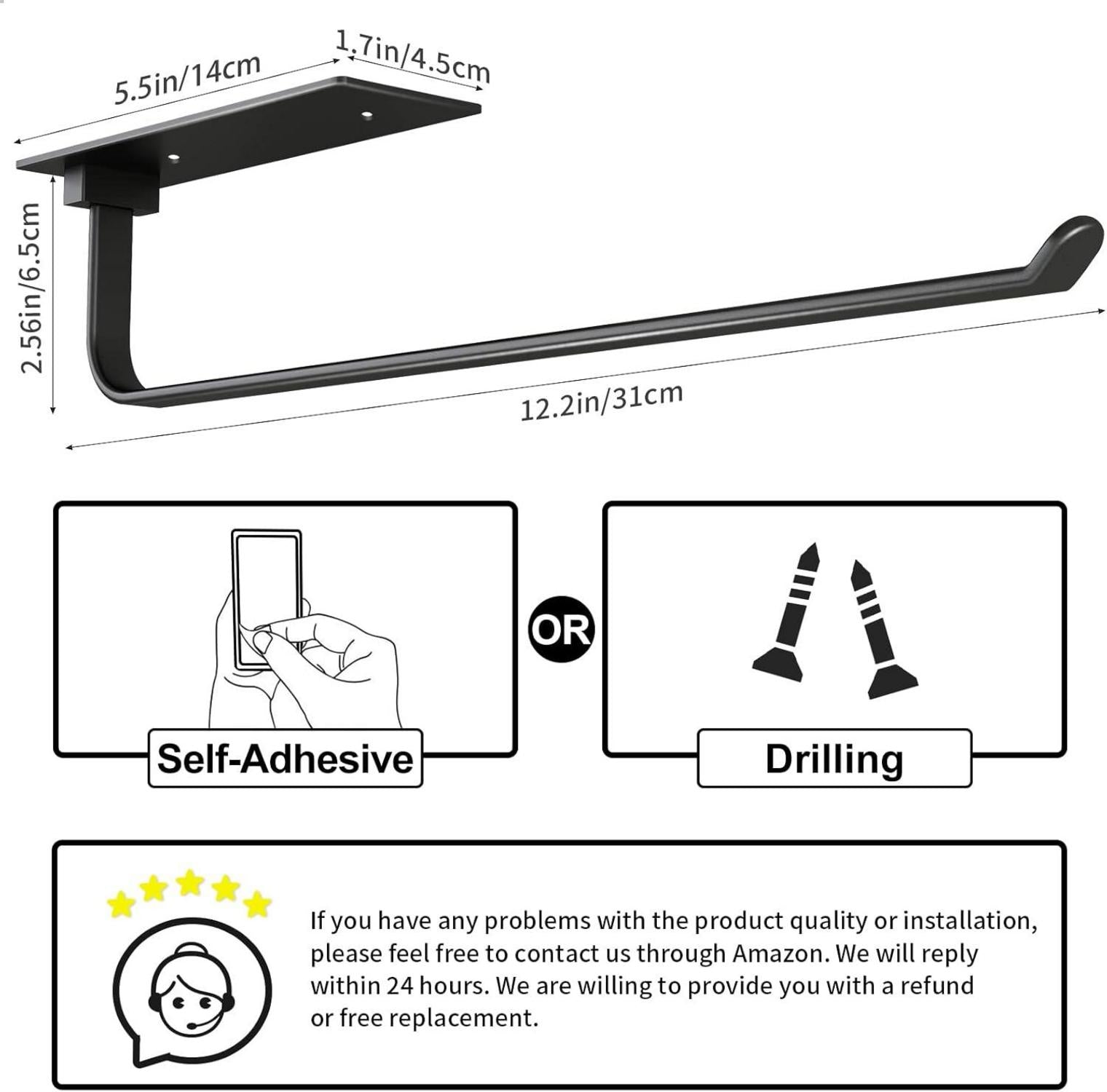 Schwarzer Küchenrollenhalter ohne Bohren 31cm Selbstklebend Wandhalterung