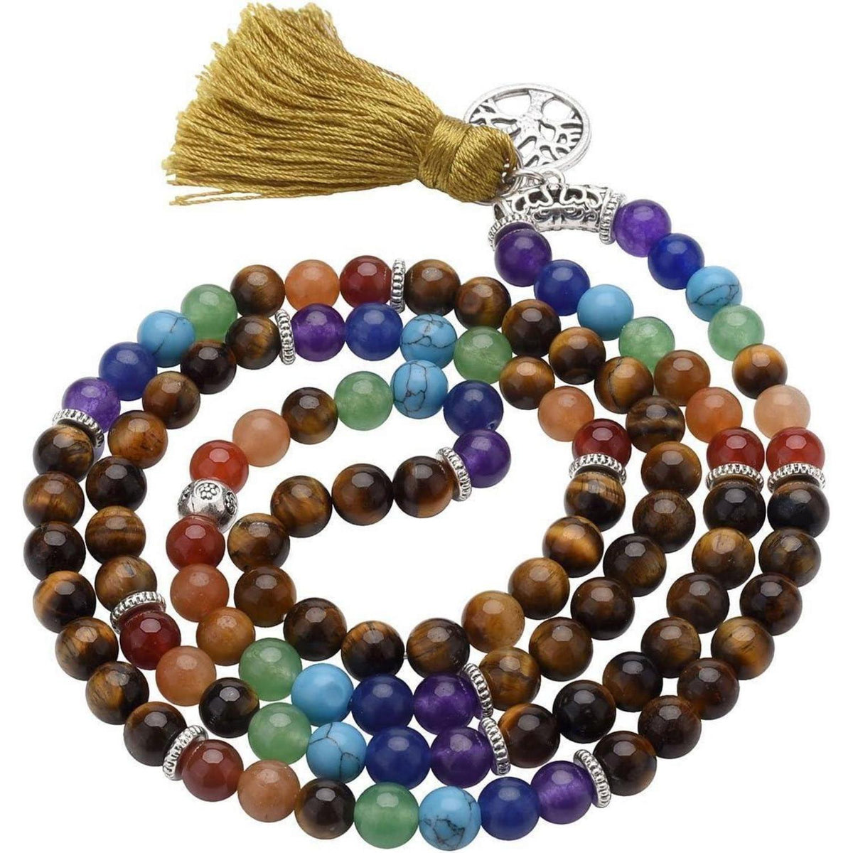 Mala Kette 7 Chakra Edelstein mit Lebensbaum Anhänger Tigerauge