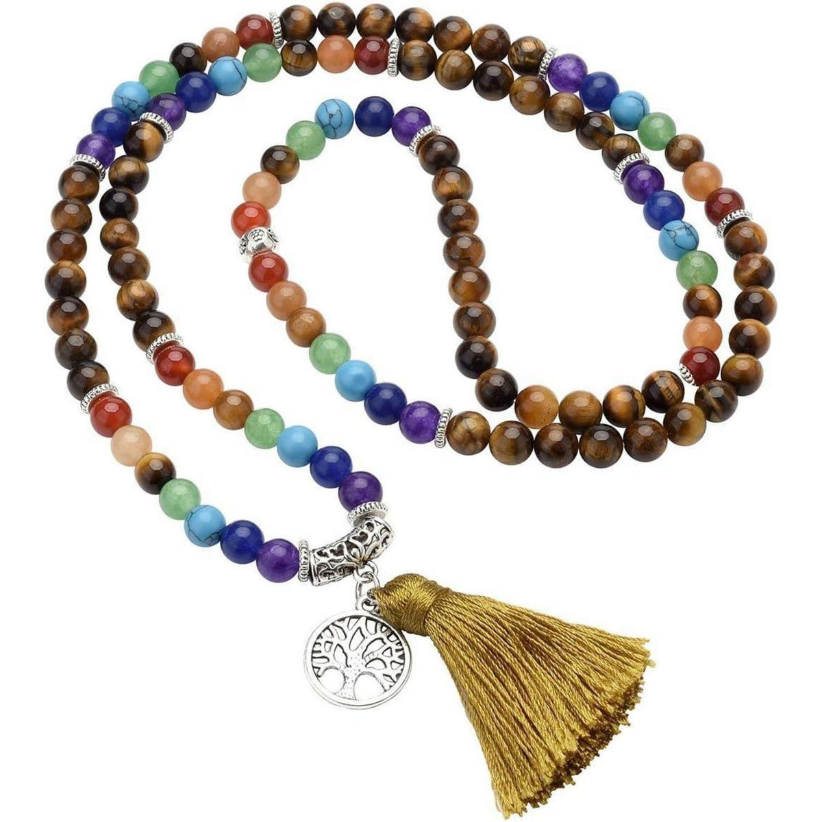 Mala Kette 7 Chakra Edelstein mit Lebensbaum Anhänger Tigerauge