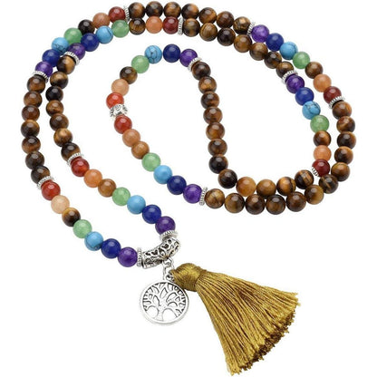 Mala Kette 7 Chakra Edelstein mit Lebensbaum Anhänger Tigerauge