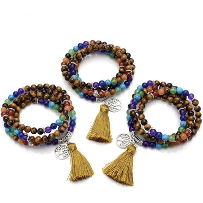 Mala Kette 7 Chakra Edelstein mit Lebensbaum Anhänger Tigerauge