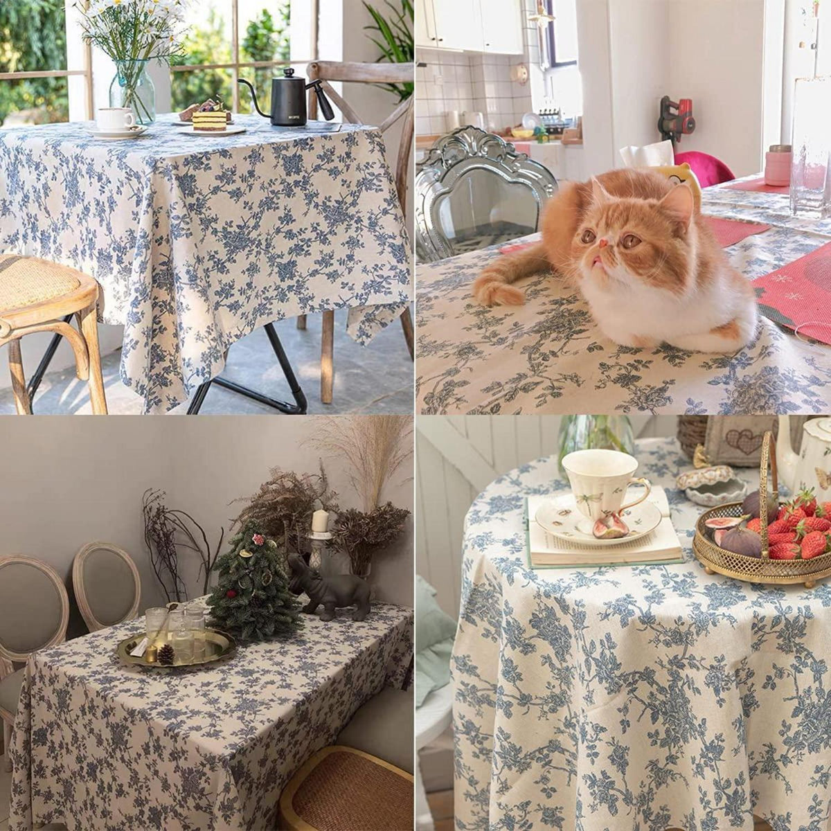 Blaue Baumwoll-Leinen Tischdecke 140x140 cm – Blumenmuster