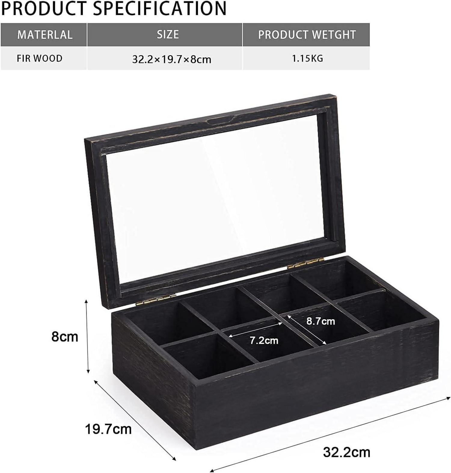 Teebox aus Massivholz Schwarz 32.5x20x9.7cm Groß mit 8 Fächern und Sichtfenster
