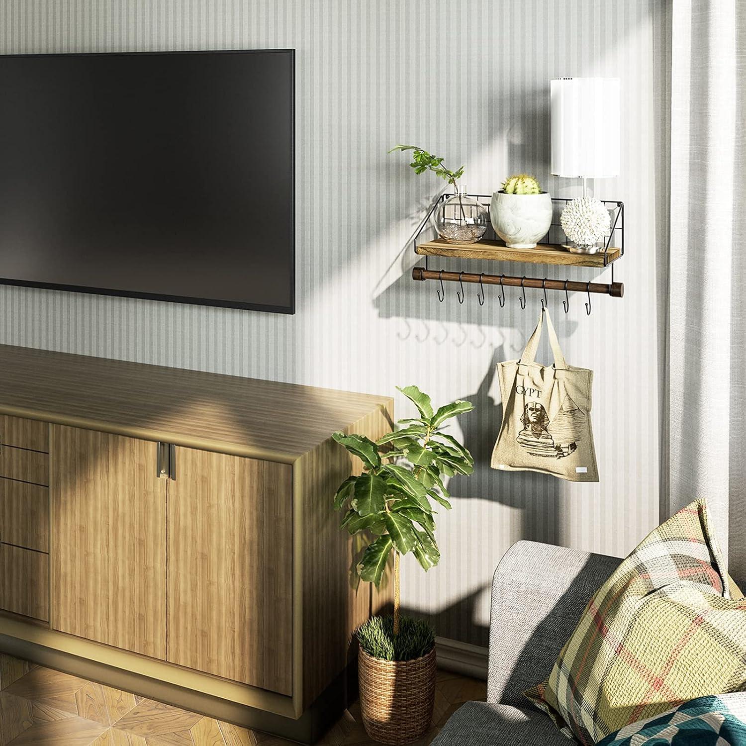 Wandregal mit 8 Haken und Handtuchhalter, Schweberegal Holz für Küche, Badezimmer - Braun