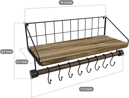 Wandregal mit 8 Haken und Handtuchhalter, Schweberegal Holz, Küche
