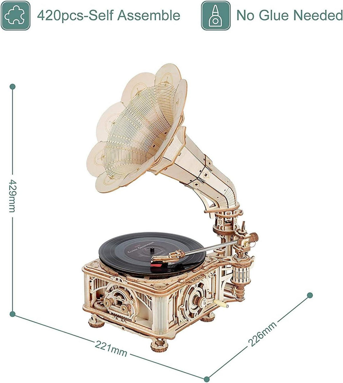 3D Holzpuzzle Grammophon Modellbausatz Automatischer Manueller Modus