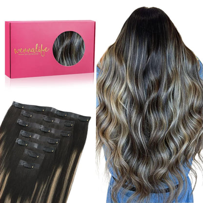Echthaar Clip-In Extensions Balayage Schwarz-Blond 35cm
