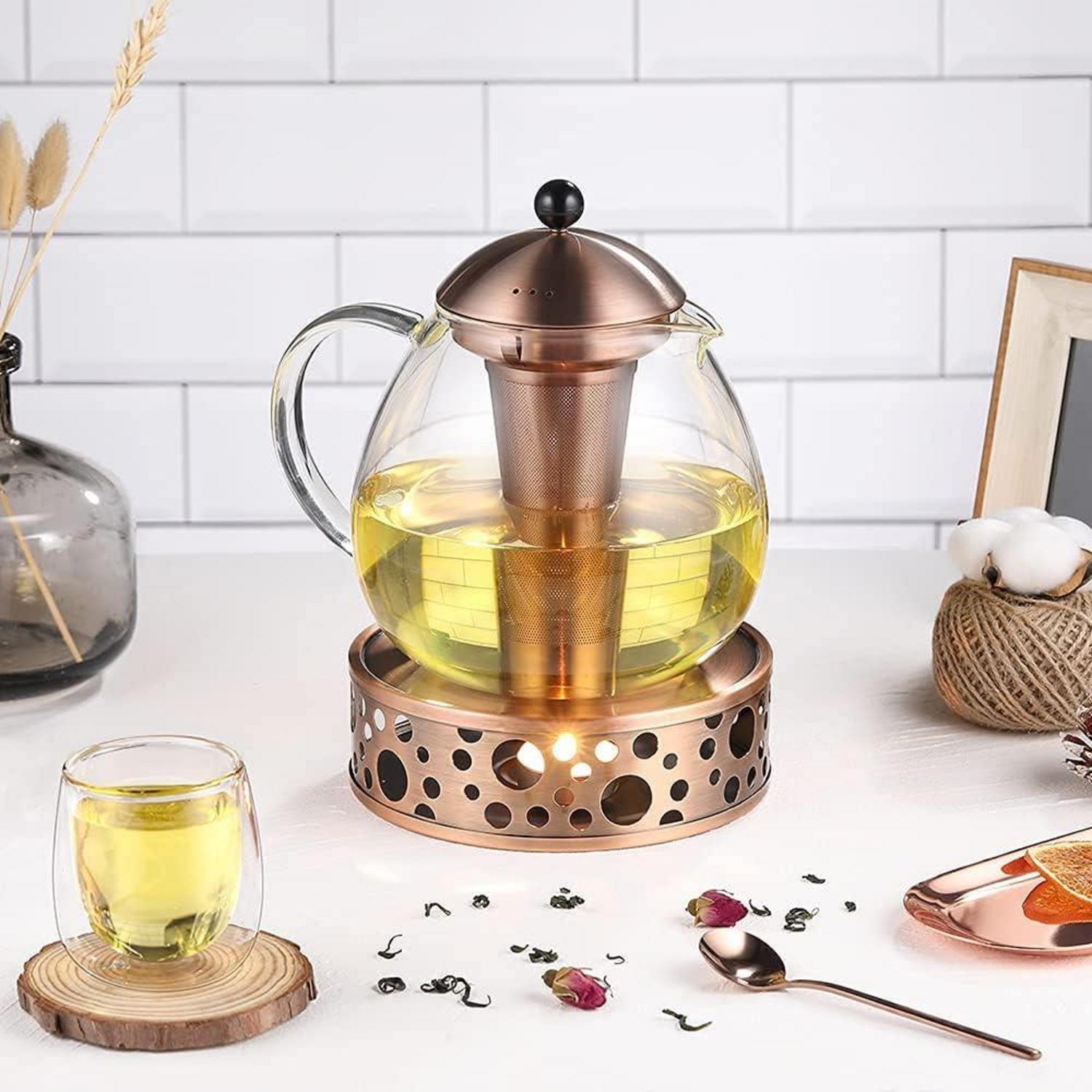 1500ml Bronze Teekanne mit Stövchen Glas Edelstahl Teewärmer