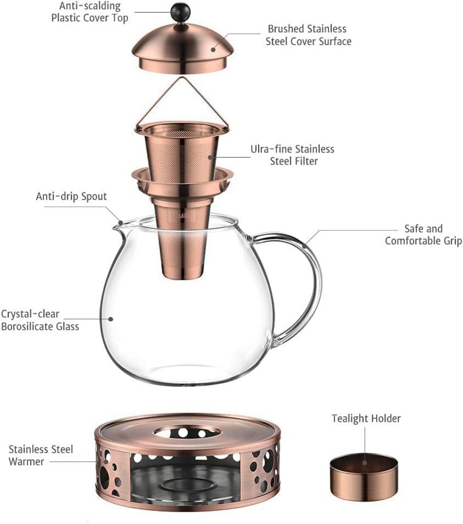1500ml Bronze Teekanne mit Stövchen aus Edelstahl & Glas