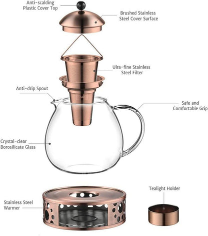1500ml Bronze Teekanne mit Stövchen aus Edelstahl & Glas