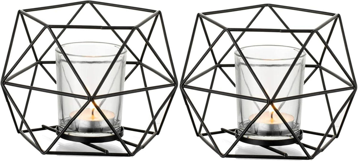 Teelichthalter Kerzenhalter Metall Schwarz Geo Modern Windlicht 2er