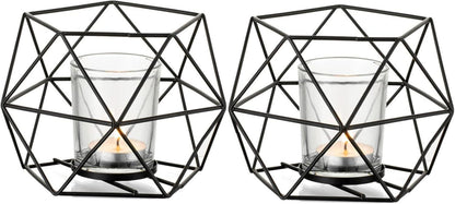 Teelichthalter Kerzenhalter Metall Schwarz Geo Modern Windlicht 2er