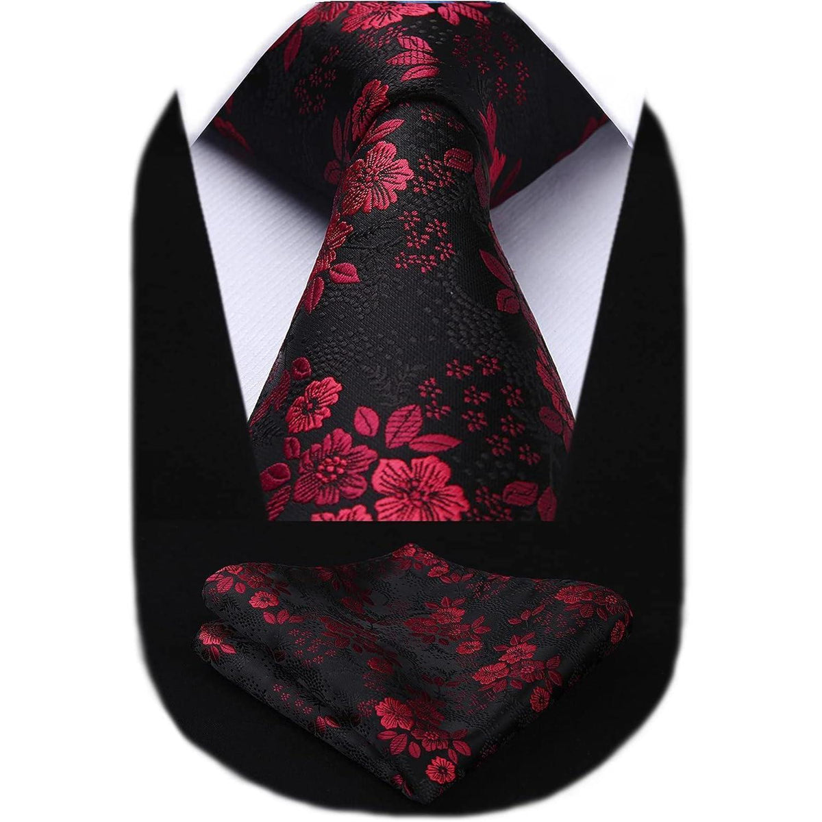 Krawatten-Set Seide mit Einstecktuch, floral, rot/schwarz