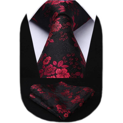 Krawatten-Set Seide mit Einstecktuch, floral, rot/schwarz