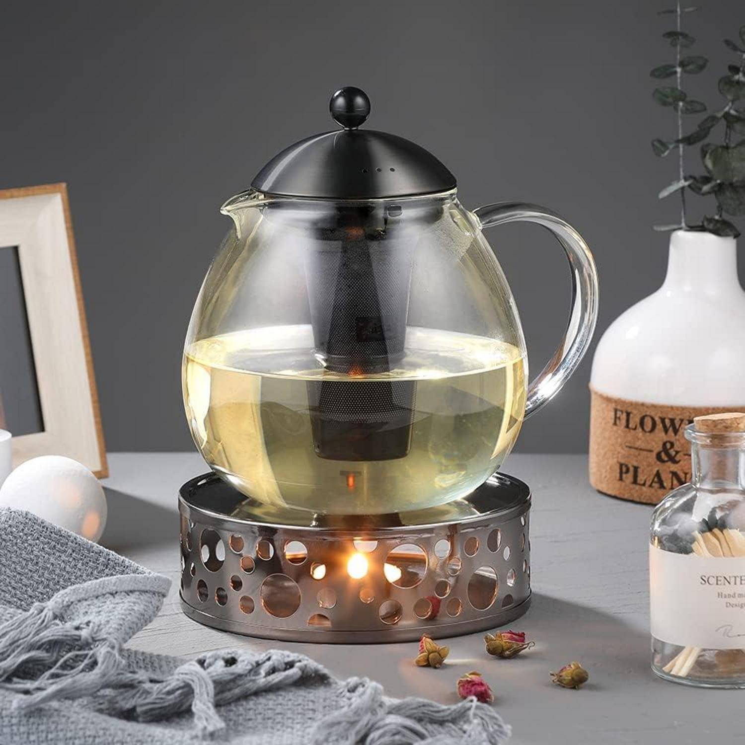 Edelstahl Stövchen mit Teelicht, Teewärmer für Teekannen, Kaffeewärmer in Grau