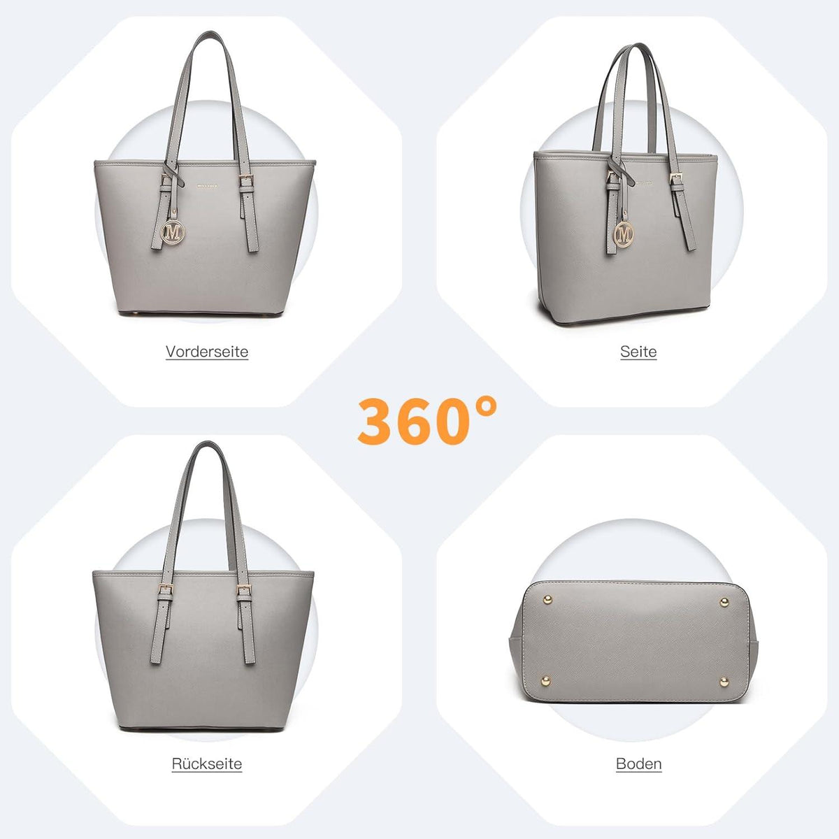 Damen Handtasche Shopper groß Kunstleder grau Henkeltasche