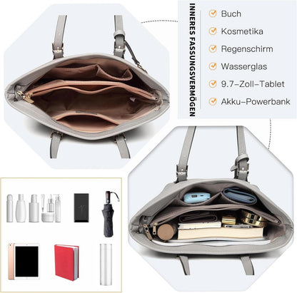 Große Graue Damen Shopper Handtasche Kunstleder Henkeltasche