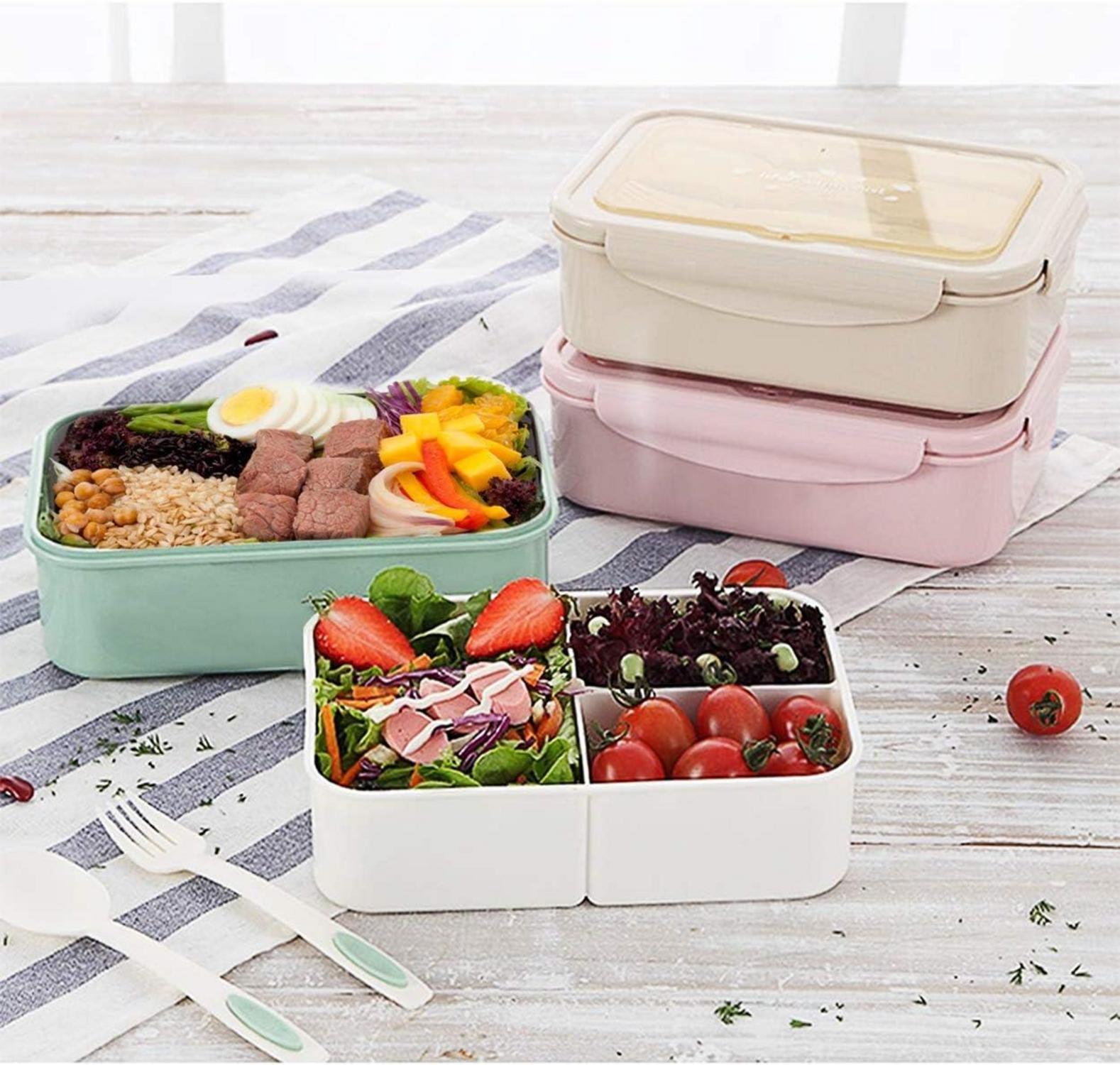 BIBURY Lunch Box Bento Box mit 3 Fächern Besteck Auslaufsicher Grün