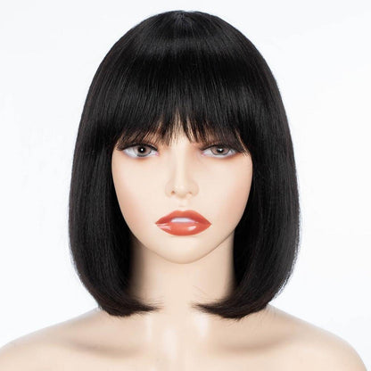 Kurze schwarze Bob Perücke mit Pony – Synthetisch & Vielseitig