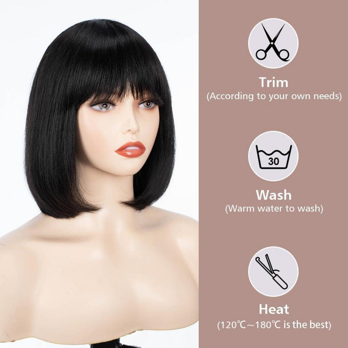 Kurze schwarze Bob Perücke mit Pony – Synthetisch & Vielseitig