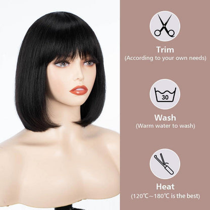 Kurze schwarze Bob Perücke mit Pony – Synthetisch & Vielseitig