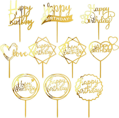 Goldene Happy Birthday Acryl Glitter Tortendeko Set 10-teilig