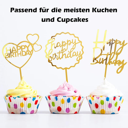 Goldene Happy Birthday Tortendeko Set 10 Stück Acryl Glitter Cupcake Topper