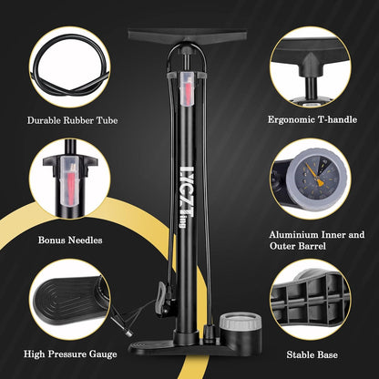Tragbare Fahrradpumpe mit Manometer und Doppelventil, 160 PSI Standpumpe
