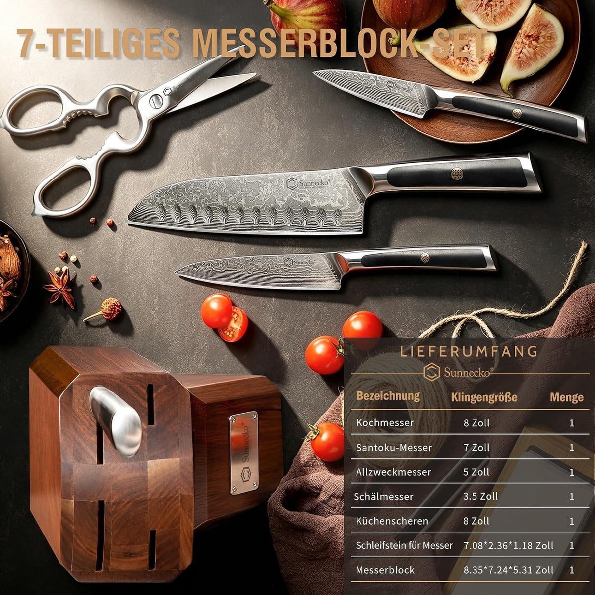 7-tlg Damastmesser Set mit Block | Küchenmesser aus Damaststahl