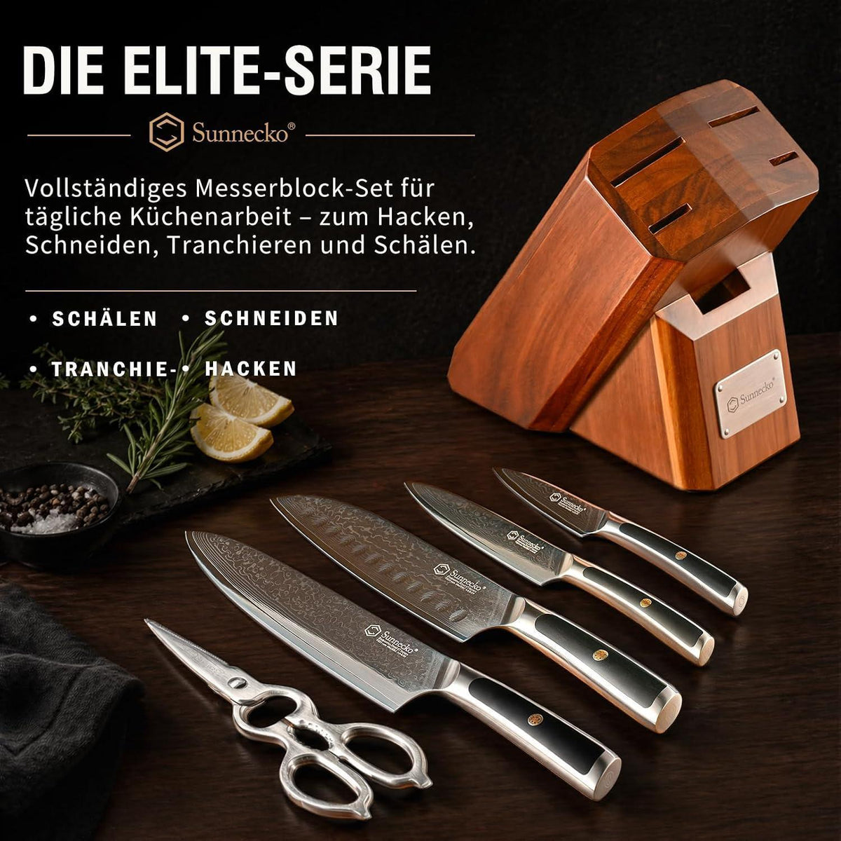7-tlg Damastmesser Set mit Block | Küchenmesser aus Damaststahl