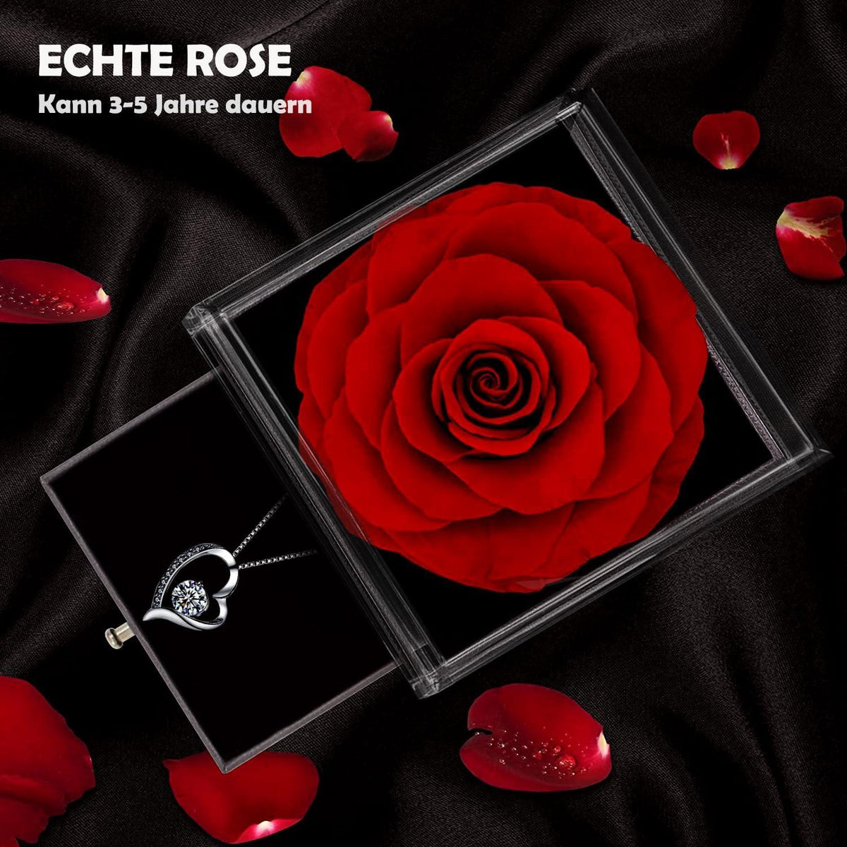 Rote Ewige Rose Mit Herz Damen Halskette 925 Sterling Silber