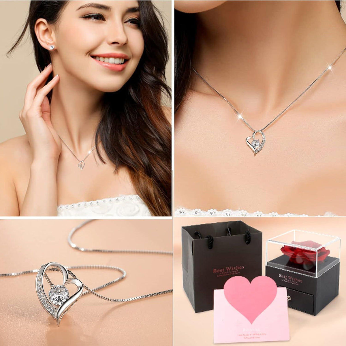 Rote Eternal Rose Herz Damen Halskette 925 Silber Kette Ewige Rosen