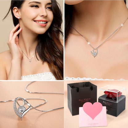 Rote Eternal Rose Herz Damen Halskette 925 Silber Kette Ewige Rosen