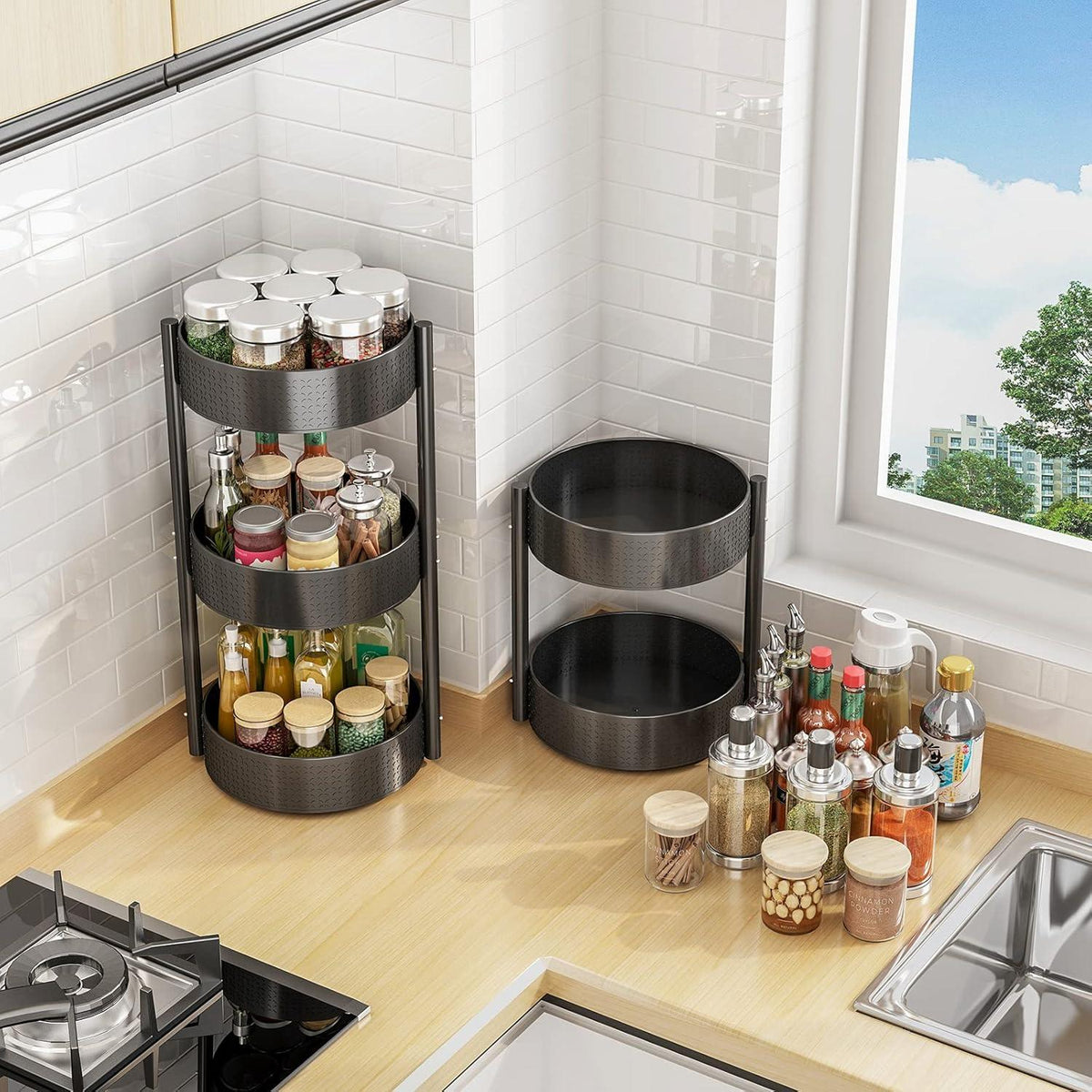 Drehbares Gewürzregal Kohlenstoffstahl Organizer Lazy Susan 3 Etagen