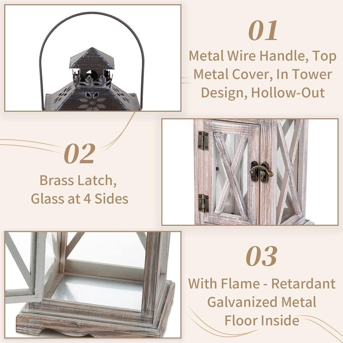 Holz Metall Laterne im Landhausstil, 2er Set, Antik Beige