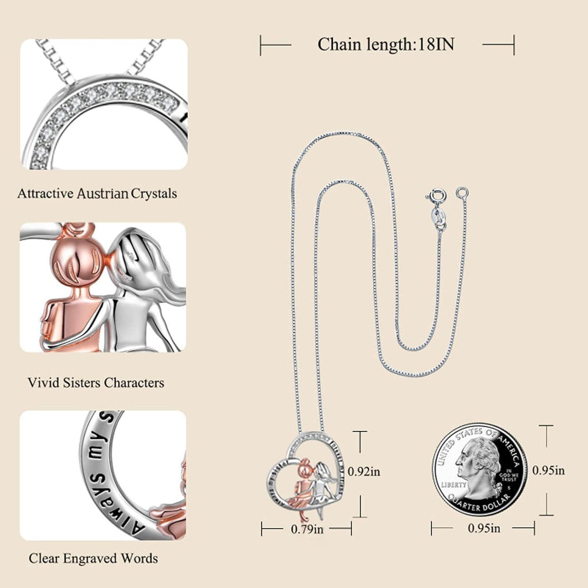 Schwestern Halskette Sterling Silber Infinity Herz Kristall