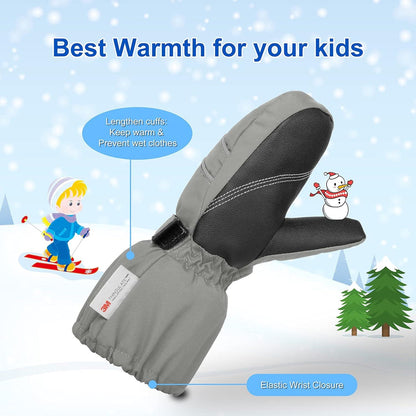 Kinder Skihandschuhe Fäustlinge wasserdicht und warm Grau 4-6 Jahre