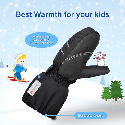 Kinder Skihandschuhe Fäustlinge wasserdicht warm Schwarz 4-6 Jahre