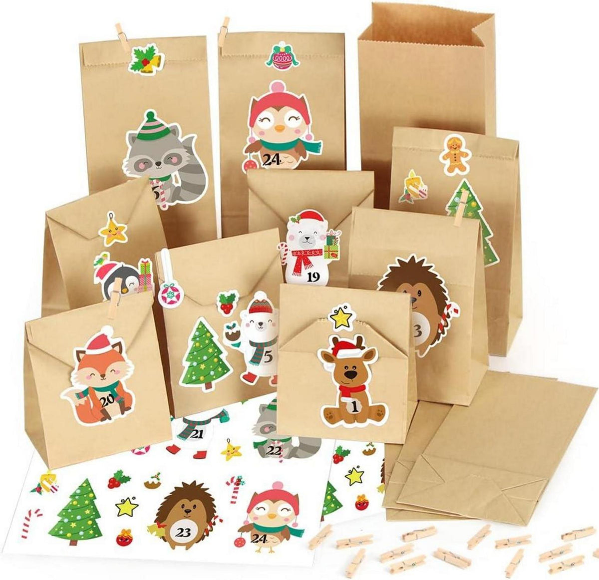 Adventskalender zum Befüllen mit Kraftpapiertüten und Aufklebern