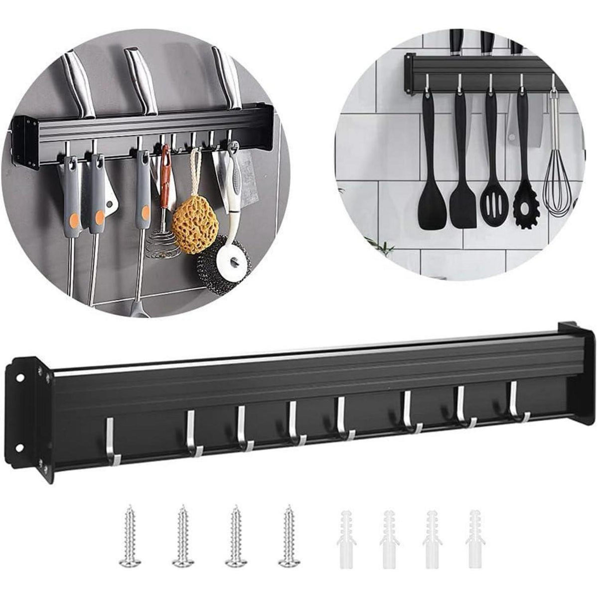 Küchenhakenleiste ohne Bohren mit Messerblock & 8 Haken